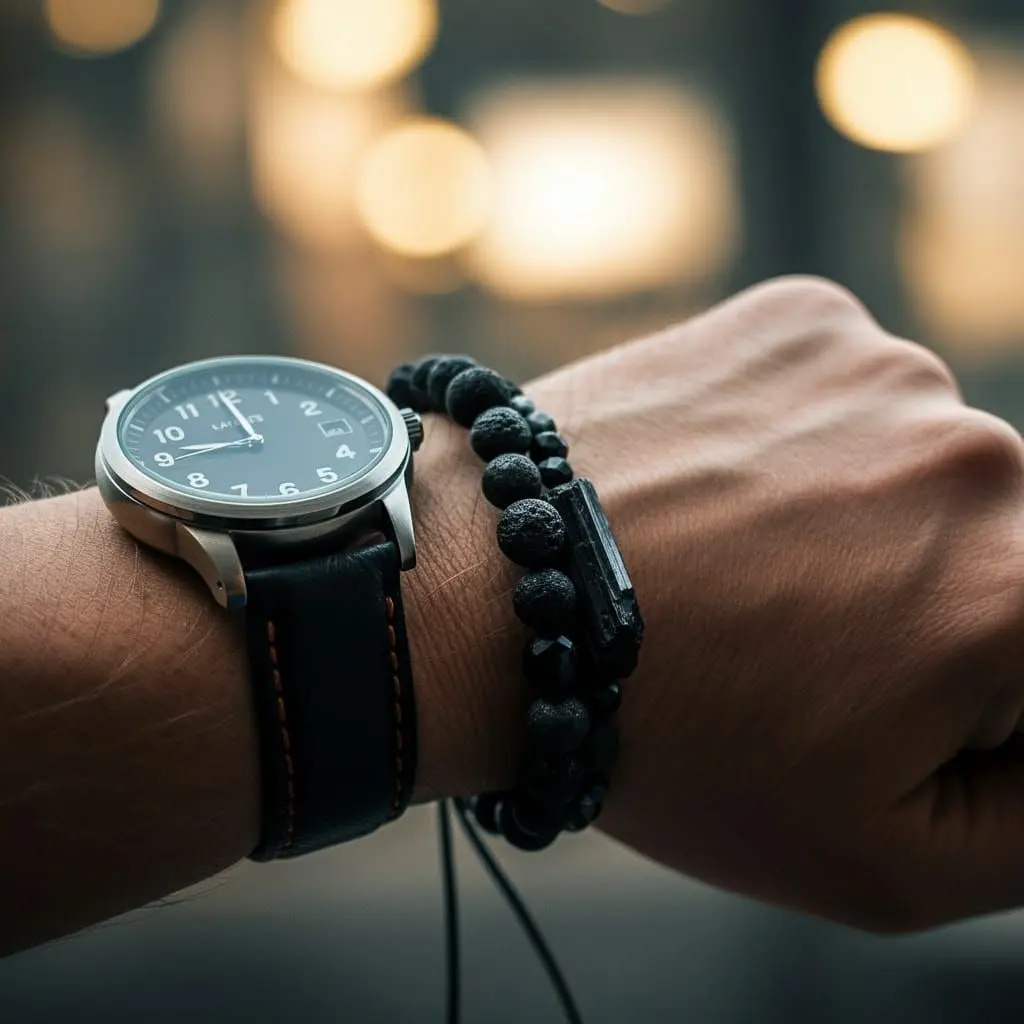mans hand with watch on the wrist and black tourmaline natural stone bracelet