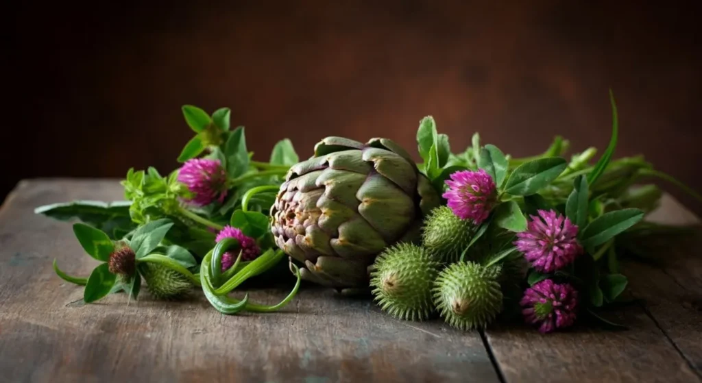 milk thistle, artichoke, cleavers, red clover, on a wooden table