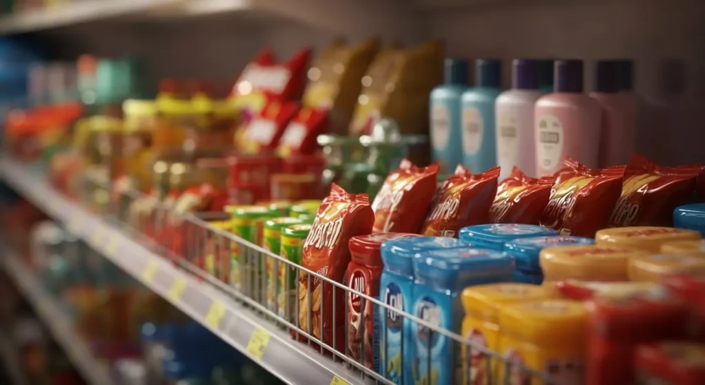 processed sugar and fat-heavy foods on a shopping shelf
