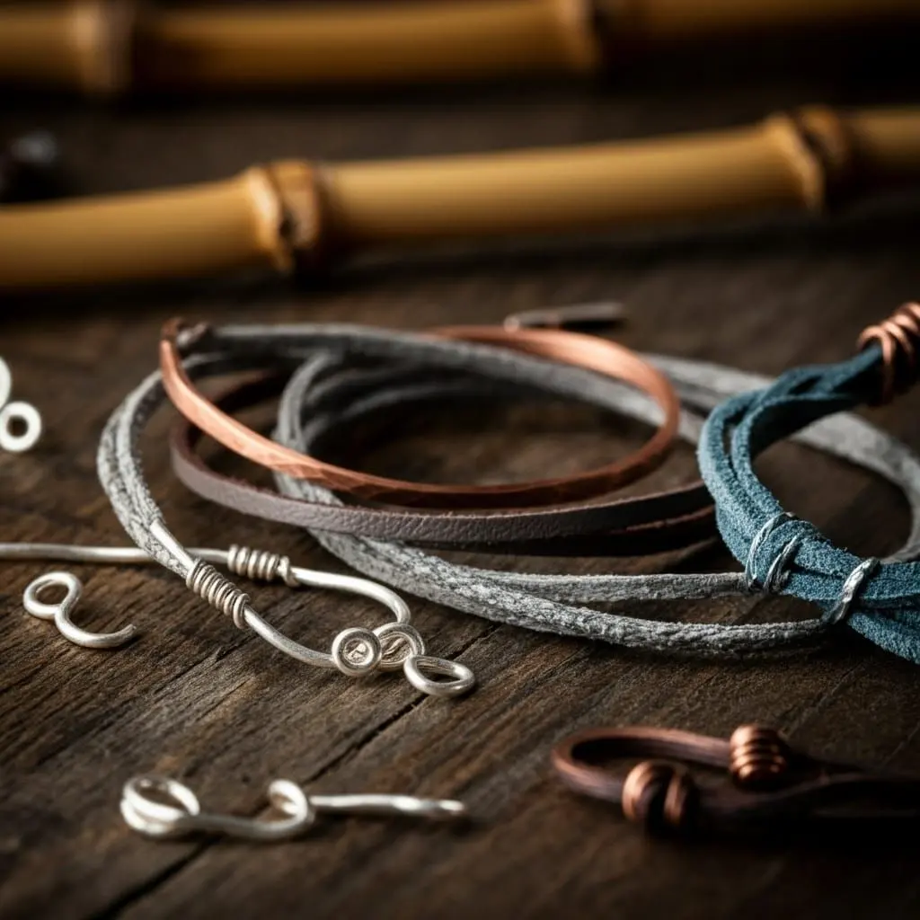 raw artisan materials: sterling silver, copper wire, silk and cotton cords, leather straps, bamboo and wood elements