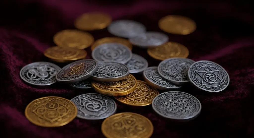 silver, gold, and colored metal coins with sacred geometry and chakra symbols