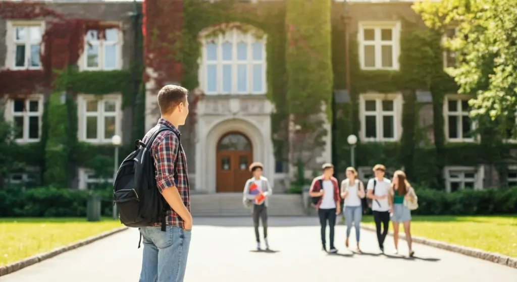student standing in front of university