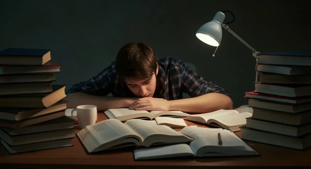 student under stress sleeping behind the desk with books