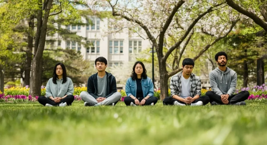 students meditating in park in university campus
