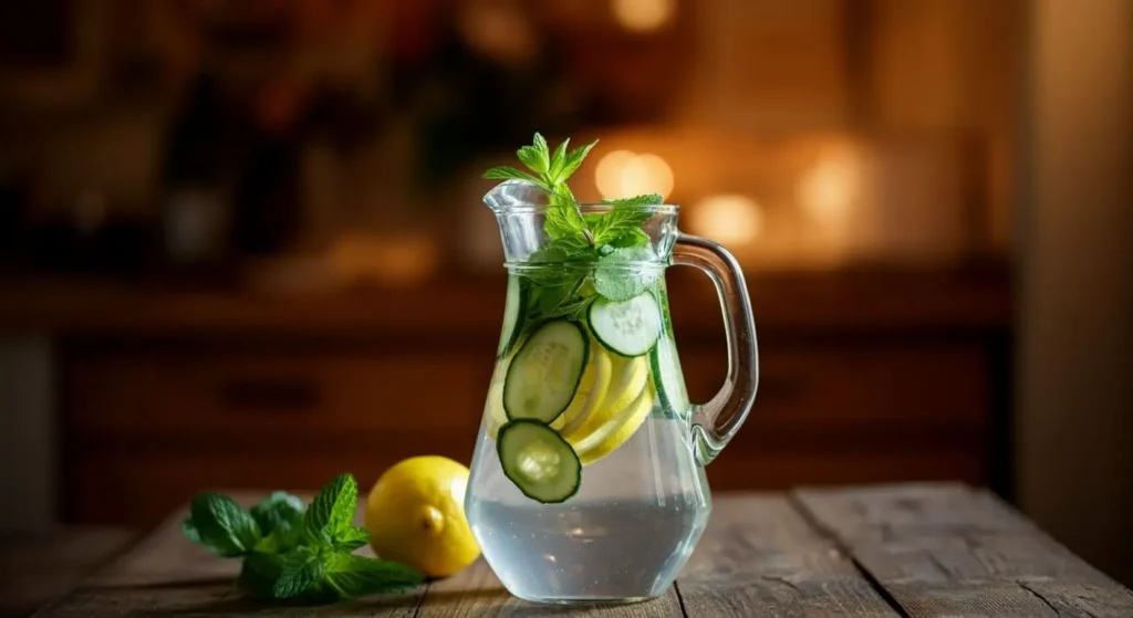 water pitcher with infused water with cucumber slices, lemon slices, and mint