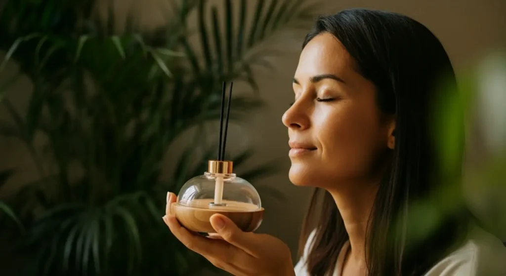 woman enjoying aromatherapy with essential oils