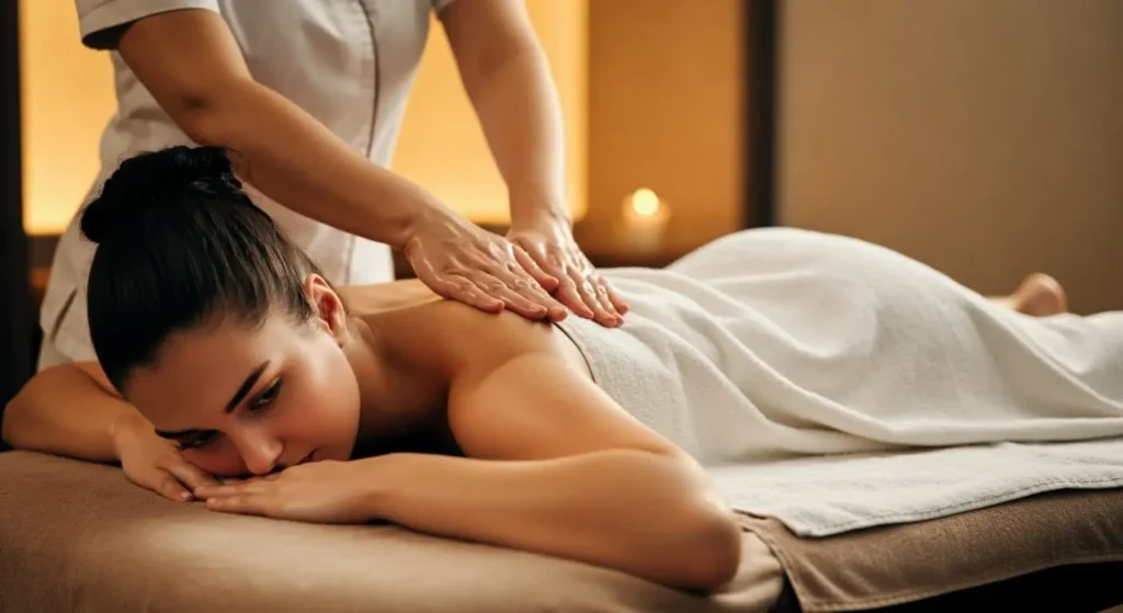 woman lying on a massage table covered with a towel getting a massage