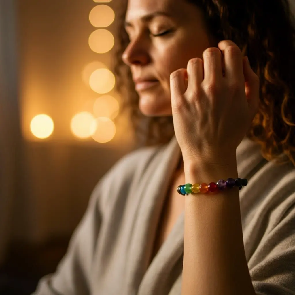 woman meditating with multi-colored 7 chakra crystal bracelet on her wrist