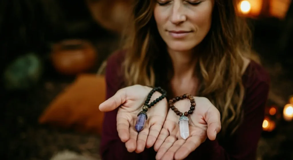 woman meditating with spiritual jewelry in her hands