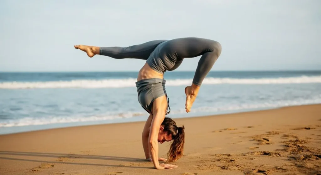 woman practicing yoga handstand at the sandy beach