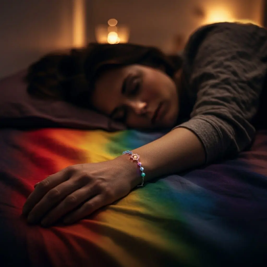 woman sleeping in bed with colorful chakra symbol covers wearing chakra bracelet on her wrist