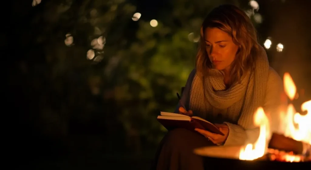 woman writing a journal, contemplating, in front of an open fire