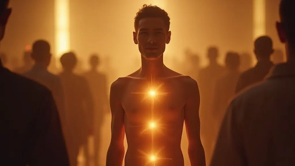 A confident person standing in a room with subtle golden energy flowing around their body. Root Chakra, Solar Plexus and Throat Chakra glowing.