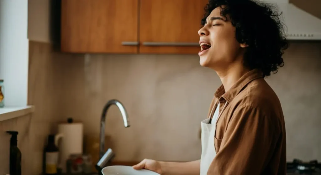 A joyful person singing naturally in their kitchen while doing dishes.