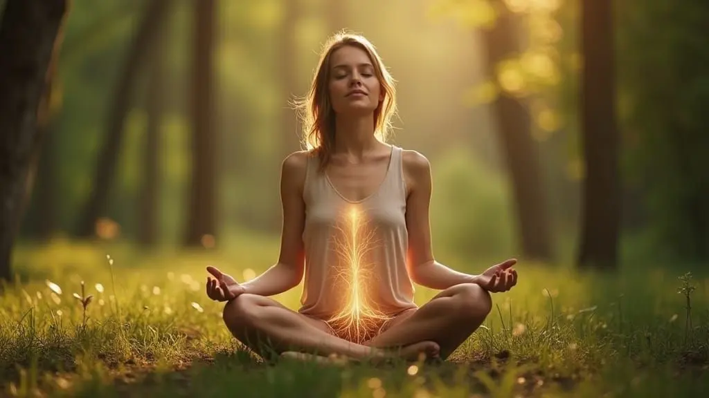A peaceful person sitting cross-legged on grass, meditating.