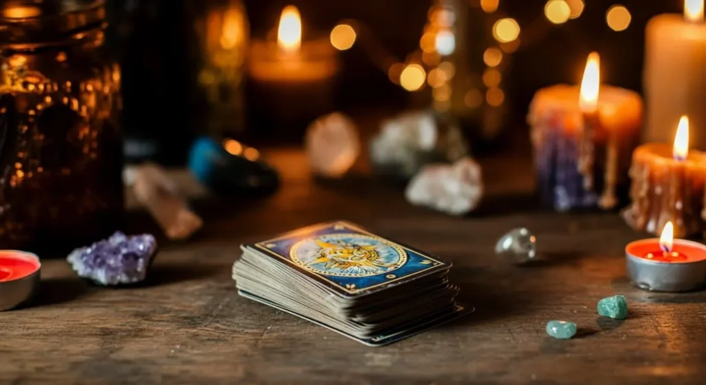a deck of tarot cards on a wooden desk with candles and crystals