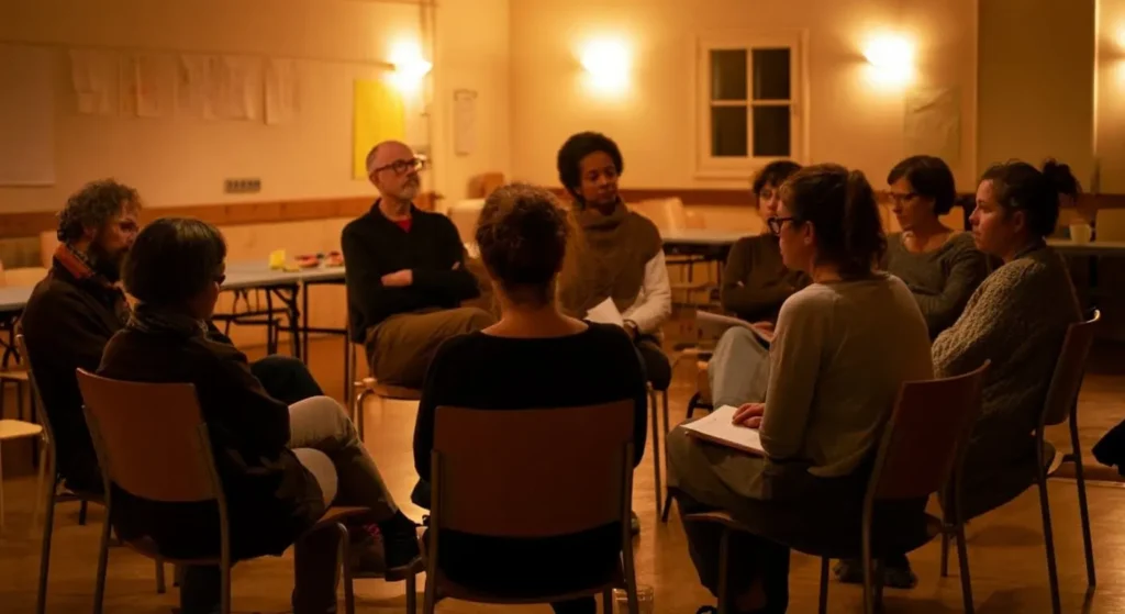 group of people sitting in chairs in circle in a group integration meeting
