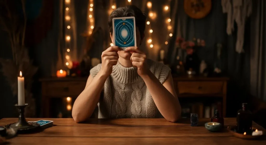 person sitting at the desk holding one card tarot card in front of her face