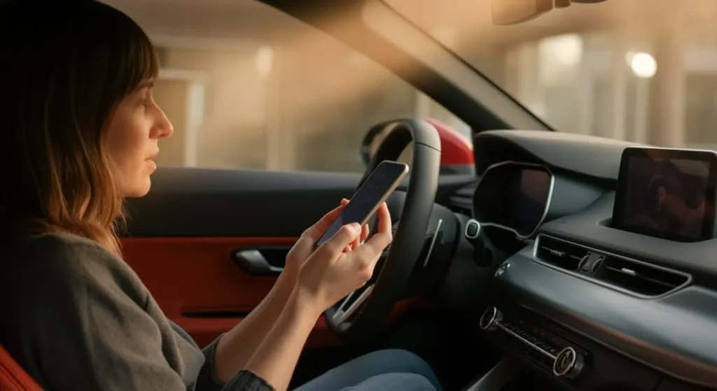 woman sitting in a car recording a voice memo on her phone