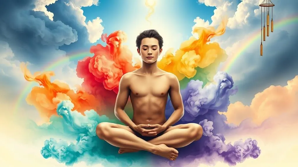 A calm man figure sitting cross-legged surrounded by swirling colorful clouds.