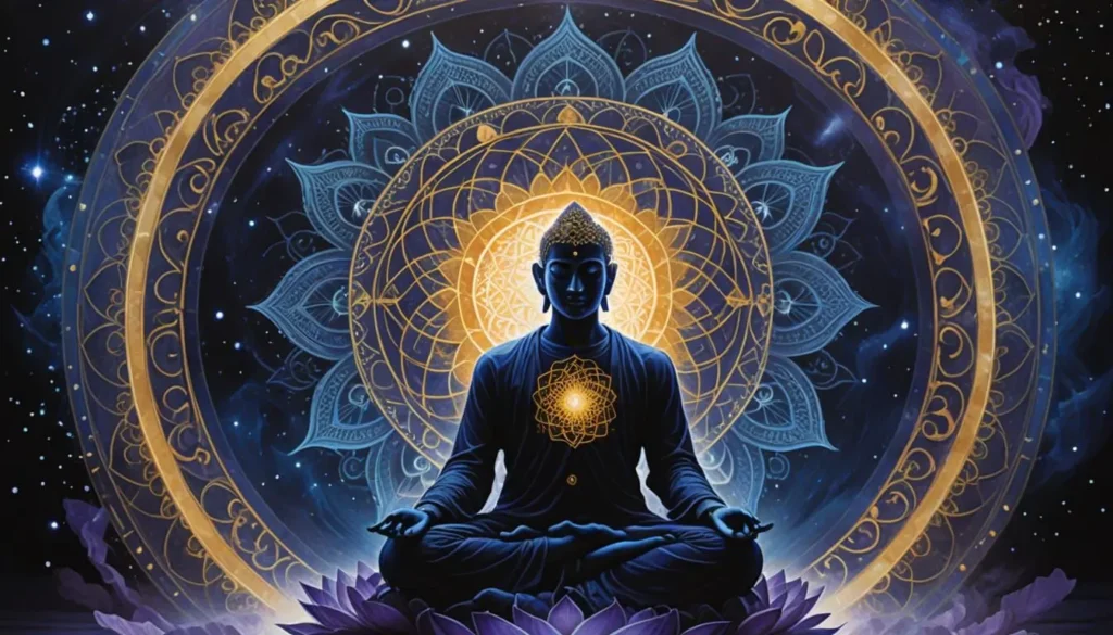A silhouette figure sitting in meditation gradually becoming transparent and luminous.