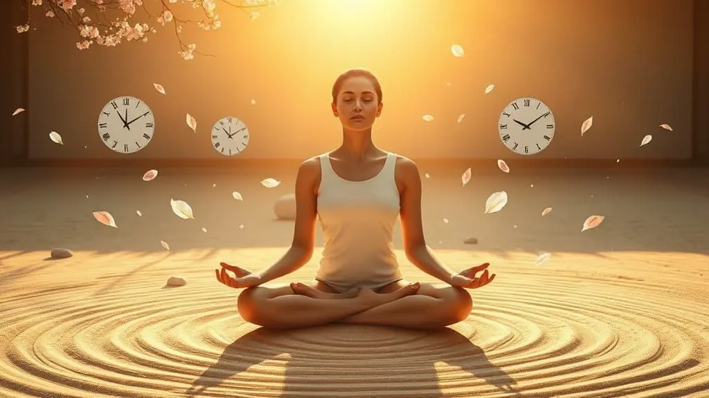 A woman sitting in meditation pose surrounded by floating clocks.