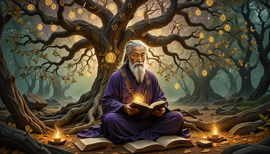 An ancient wise sage sitting beneath a massive old tree with glowing leaves.