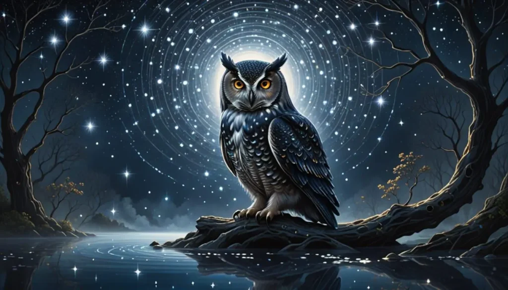 Owl standing at a branch in water, glowing around head like a constellation of stars.