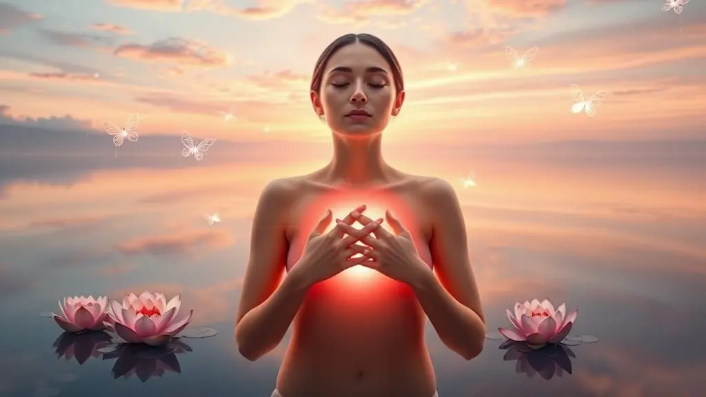 Woman with hands placed lovingly over their heart, eyes closed with a serene expression of self-acceptance.