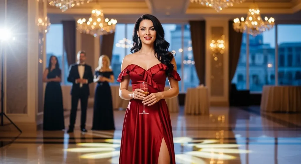 A beautiful woman dressed in an elegant red dress at a formal business party