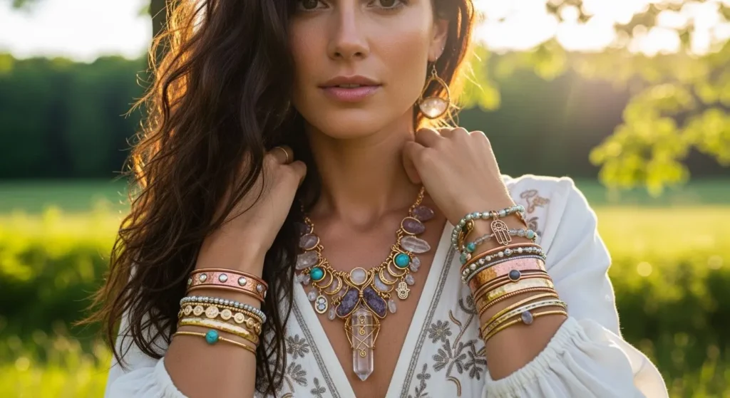 A beautiful woman wearing a boho dress and jewelry made from crystals and gemstones