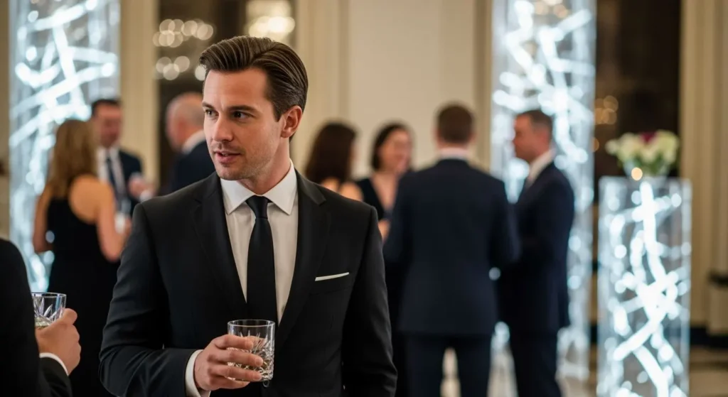 A man dressed in a formal black suit at a formal business party
