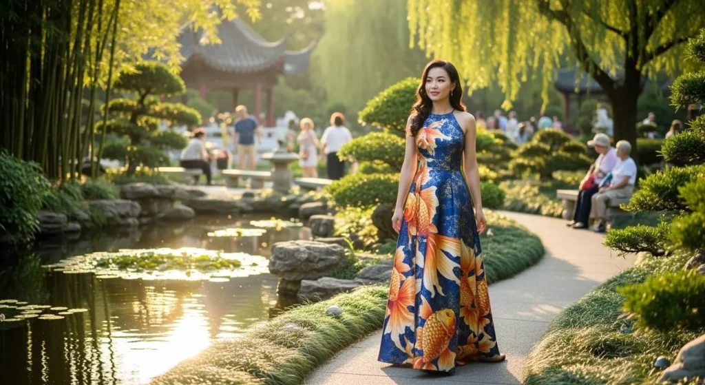 An Eurasian woman dressed in an elegant dress with a goldfish print pattern.