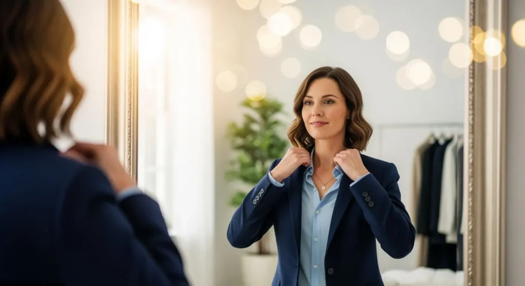 Woman dressing herself for the business meeting looking herself in the mirror