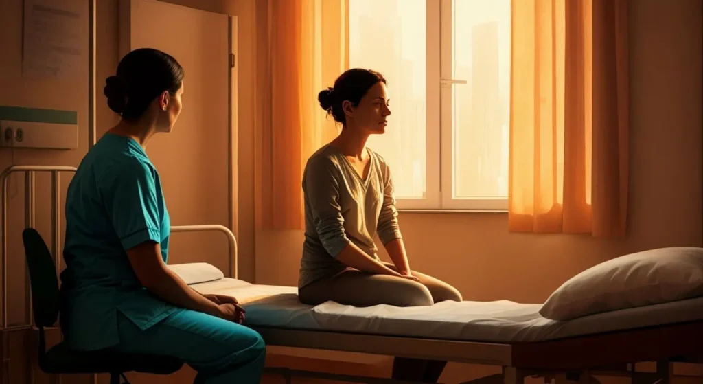 detox clinic room interior with a person sitting calmly on a bed