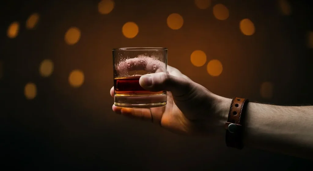 man’s hand letting go of a glass of alcohol