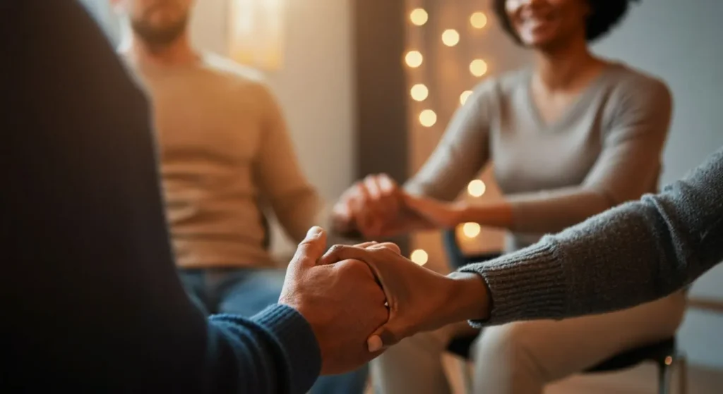supportive group therapy session with focus on two people holding hands