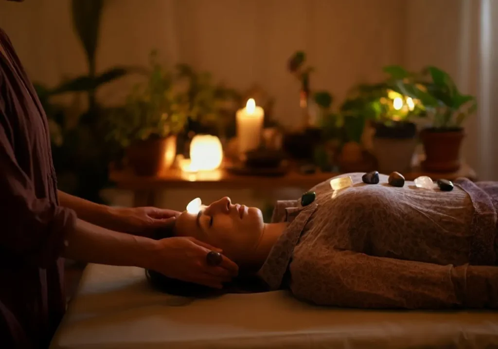 A crystal healing practitioner having as session with colorful crystals.