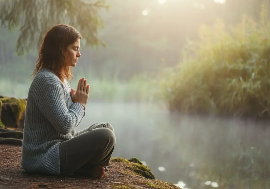 A person sitting peacefully in prayer by a serene lake.