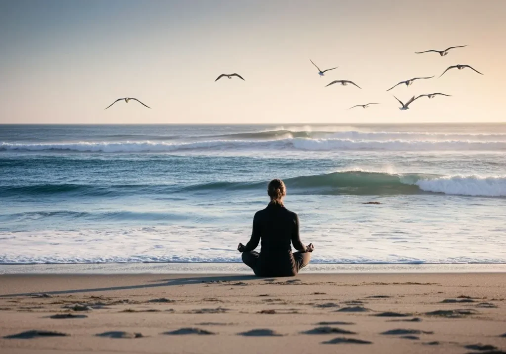 A woman sitting cross-legged sandy beach in meditation pose.