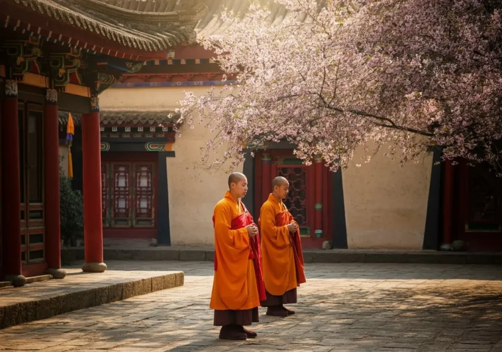 Buddhist monks in flowing saffron robes practicing mindfulness