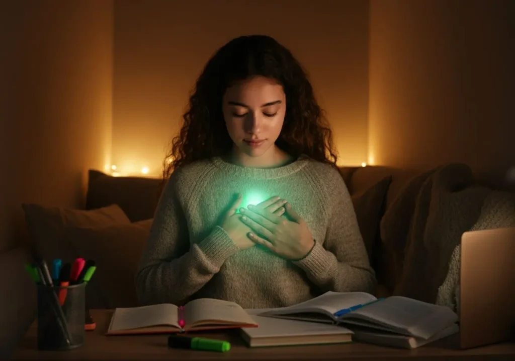 Female student with both hands placed over her heart chakra