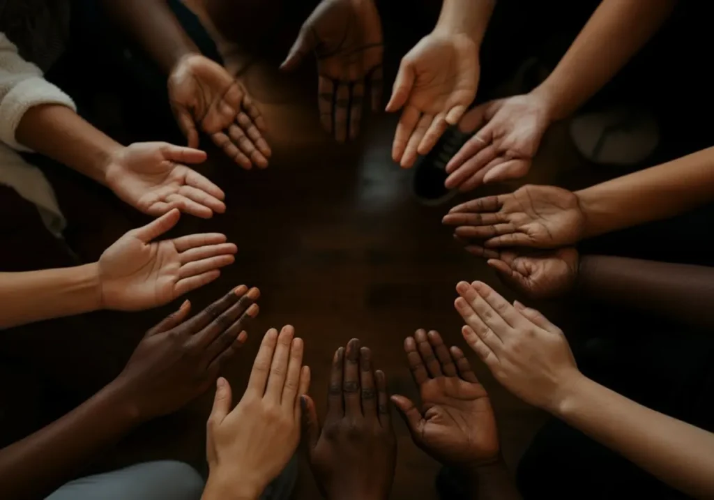 Multiple hands of different skin tones coming together in a prayer circle.