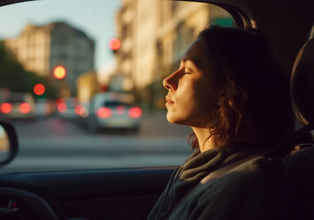 Person practicing deep breathing exercises inside the car