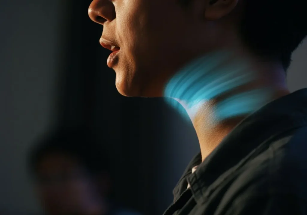 Person's throat and neck area with shimmering blue energy swirls