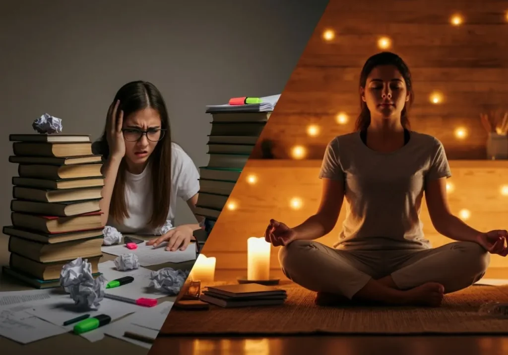 Split-screen composition showing a stressed student vs serene student in lotus position