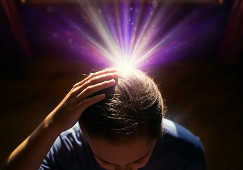 Student with her hand placed on the crown chakra