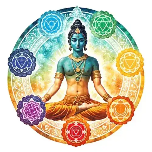 7 chakra symbols and colors in a circle around a person siting in lotus pose