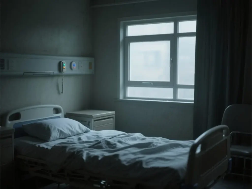 A view from inside a dimly lit nursing home room