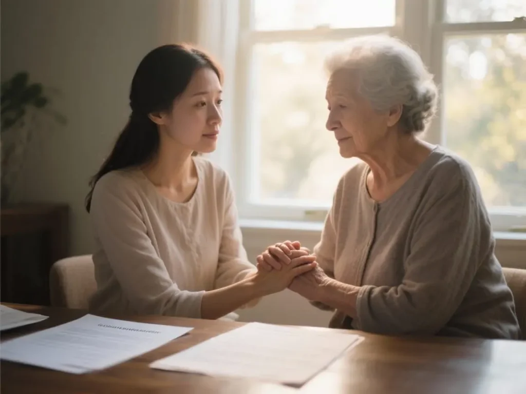 Adult daughter holding elderly mother's hand in comfort